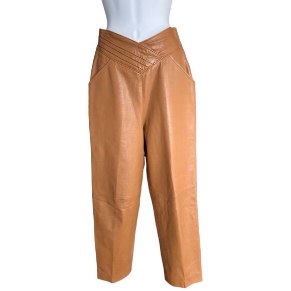PEDRO SERRANO V-Shaped High Waisted Tan Colored Leather Vintages Pants Size 8 - Picture 1 of 11